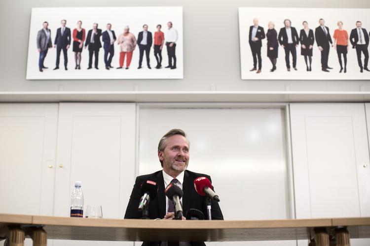 På et pressemøde i december 2017 meddelte politisk leder Anders Samuelsen (LA), at hans parti ville stemme for regeringens egen finanslov. Nanna Navntoft/POLFOTO