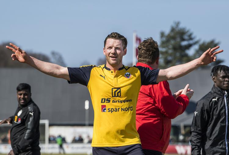 Pål Alexander Kirkevold scorede sit 17. mål i denne sæson, men det første mod FC Helsingør, da Hobro tog et kæmpeskridt mod endnu en sæson i Superligaen. Anders Kjærbye/Ritzau Scanpix
