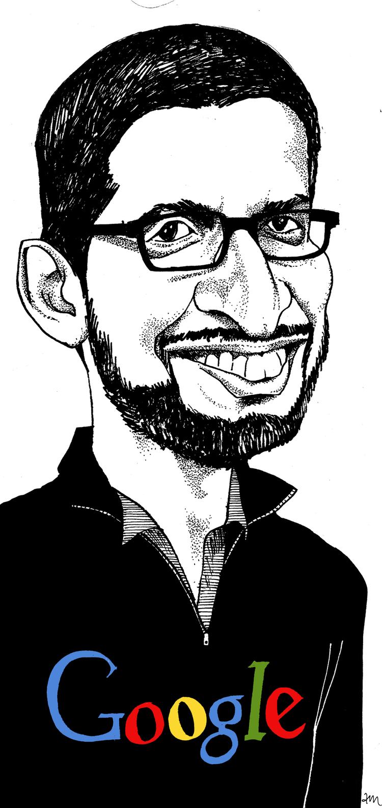 Tegning af Googles overdirektør Sundar Pichai.
   Anne-marie Steen Petersen/POLITIKEN