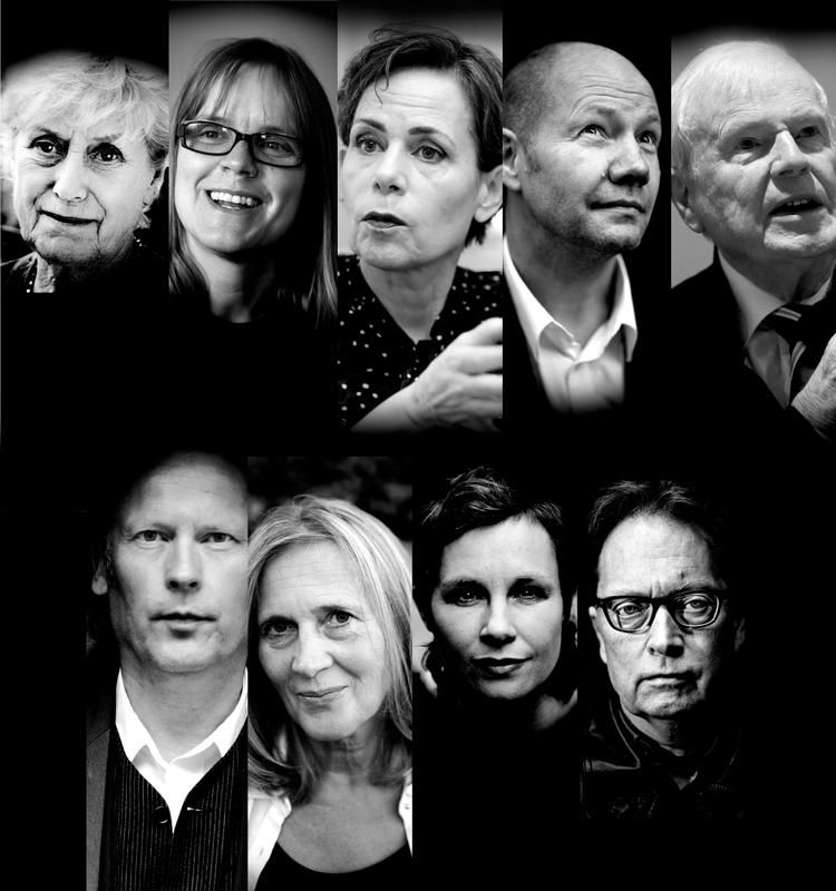 Fra vestre ses Kerstin Ekman og Lotta Lotass. Ekmans stol har stået tom siden 1989. Lotass forlod Akademiet for flere år siden. 
Sara Danius, nuværende talsperson for Akademiet, såkaldt permanent sekretær.
Peter Englund, Kjell Espmark og Klas Östergren (første mand i nederste række): Forlod alle tre Akademiet i fredags.
Katrina Frostenson, digter og medlem af Akademiet. Er gift med manden, der satte hele den nuværende krise i Akademiet i gang.
Sara Stridsberg, forfatter. Et af de unge medlemmer af Akademiet. Har sagt, at hun overvejer, om hun skal blive i Akademiet.
Horace Engdahl, tidligere talsperson for Akademiet, har nær tilknytning til Katarina Frostenson og hendes mand, kaldet Kulturprofilen.
Arkivfoto: Ditte Valente , Jan Grarup, Klaus Holsting,Jacob Ehrbahn, Joachim Adrian, Stew Milne/AP og pr-foto 