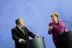 Lars Løkke Rasmussen var på besøg hos Angela Merkel for at drøfte EU-kursen.  Markus Schreiber/AP