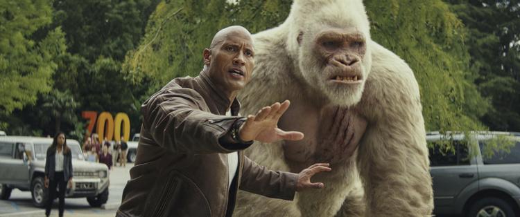 I 'Rampage out of control' tager Dwayne 'The Rock' Johnson i hovedrollen som primatologen Davis Okoye sin gamle ven, gorillaen George, i forsvar.   /AP