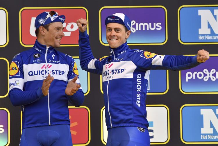 Trods et allerede særdeles krævende og succesrigt forår er Nike Terpstra (t.h.) og Philippe Gilbert klar til at tørne ud også i Amstel Gold Race.

   Geert Vanden Wijngaert/AP
