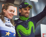 Alejandro Valverde havde sidste år selskab på podiet i Flèche Wallonne af den hollandske europamester og OL-guldvinder Anna van der Breggen, som sejrede i kvindernes udgave af den belgiske klassiker og ligesom spanieren forsøger sig igen i år. Foto: A.S.O./T. Maheux. 