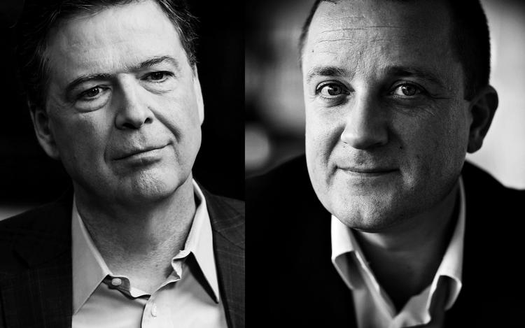 James Comey og Jakob Scharf har været kolleger i deres lands respektive efterretningstjenester, FBI og PET. Ralph Alswang/ABC/AP og Martin Lehmann