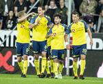 
 Brøndby-spillerne har meget at juble over. Her har Kamil Wilczek (th) lige udlignet til 2-2 i kampen mod FC Midtjylland torsdag aften, da Brøndby vandt 3-2. Den polske angriber er karantæneramt og ikke med i udekampen mod FC Nordsjælland i aften
   Henning Bagger/Ritzau Scanpix