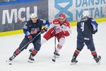 Frans Nielsen (i midten) i den sidste kamp inden VM, hvor Danmark mødte USA. Bo Amstrup/Ritzau Scanpix
