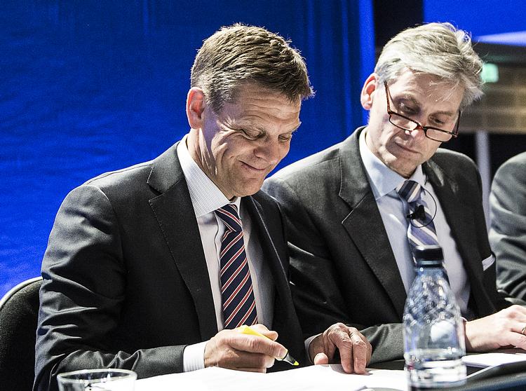 Danske Banks bestyrelsesformand Ole G. Andersen (tv.) og topdirektøren Thomas F. Borgen (th.) under en tidligere generalforsamling. Arkivfoto Mogens Flindt 