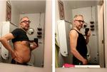 Fra sæk til six-pack: Lars Dahlager bliver strammet voldsomt ind i et korset til 24 kroner. Foto: Lars Dahlager 