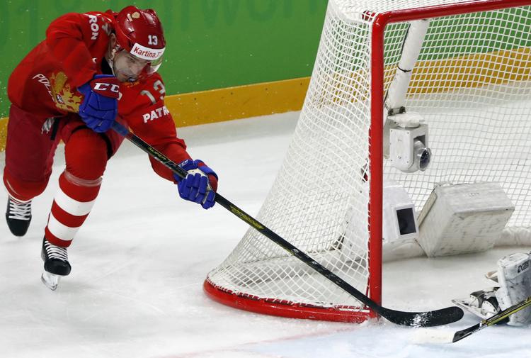 To af Ruslands mål mod Hviderusland blev scoret af Pavel Datsyuk, der her lister det første ind til 1-0. Grigory Dukor/Ritzau Scanpix