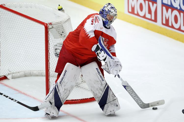 Det var noget nær umuligt for nordmændene at få pucken forbi Frederik Andersen i fredagens kamp, hvor tavlen skrev 3-0, da kampen sluttede.   Jens Dresling/POLFOTO