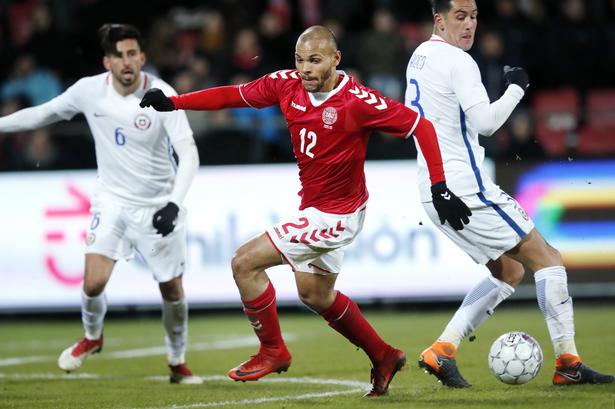 Martin Braithwaite fra FC Girondins de Bordeaux. 27 år. 18 landskampe. 1 mål. Jens Dresling/POLFOTO