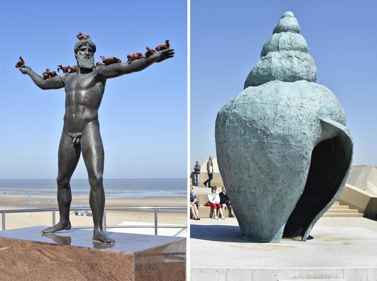 Havblik.  Til venstre skulpturen  'Eternity Poseidon' i De Haan af den  kinesiske billedhugger Xu Shen og til  højre belgieren Stief Desmets sneglehus  'Monument for a Wullok' i Oostende. 
