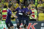 Bubacarr Sanneh (i midten) blev matchvinder for FC Midtjylland i kampen mod Brøndby. Jens Dresling/POLFOTO