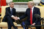 »Målet bør være fire procent«, siger Trump i forbindelse med en fotoseance med Nato-generalsekretær Jens Stoltenberg i Washington. Evan Vucci/AP