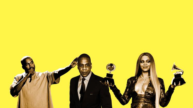  Kanye Wests (tv.) album ’The Life of Pablo’ blev på kort tid afspillet flere hundrede millioner gange på den lille streamingtjeneste Tidal, der er ejet af rapperen Jay-Z (th.). Det samme var tilfældet med Beyoncés (i midten) album ’Lemonade’. Nu er Tidal blevet politianmeldt for at pumpe tallene op.  Kollage Rasmus Vendrup (originalfoto: AP)