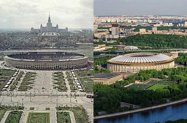 56 år, fire rekonstruktioner og en navneændring senere ligger Lusjniki Stadion stadig smukt og stilfuldt langs Moskva-floden i den sydvestlige ende af byen. Fotocollage. Fotos: Department of communications and promotion of the Luzhniki stadium