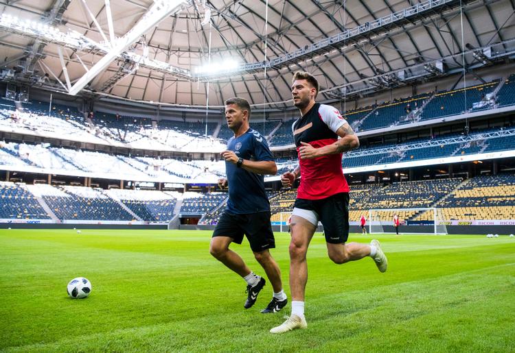 Nicklas Bendtner i en af sine sidste træninger med det danske VM-hold. Nu fortsætter den fysiske fremgang i Rosenborg.   Jonathan Nackstrand/Ritzau Scanpix