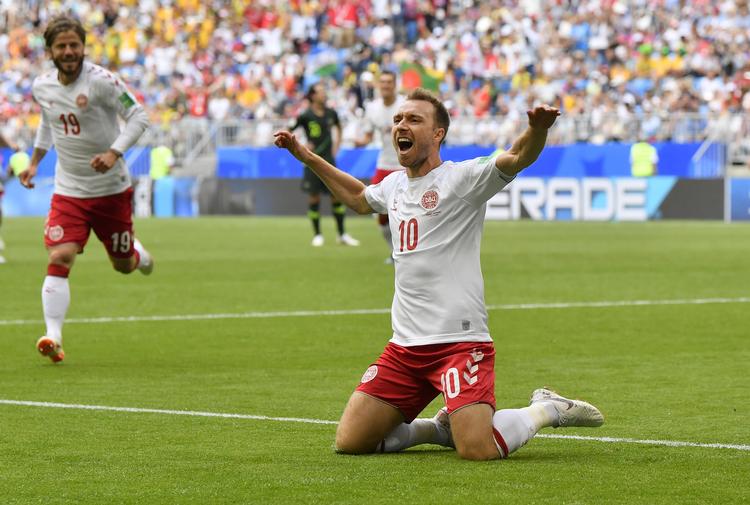 Christian Eriksen flugtede 1-0-målet mod Australien ind efter verdensklasseforarbejde af Nicolai Jørgensen.  Martin Meissner/Ritzau Scanpix