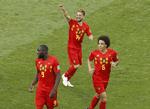 Dries Mertens (midten) scorede belgiernes første mål i sejren over Panama.  Victor R. Caivano/AP