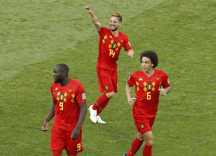 Dries Mertens (midten) scorede belgiernes første mål i sejren over Panama.  Victor R. Caivano/AP