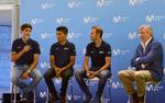 Movistars stjernetrio til årets Tour de France, fra venstre Mikel Landa, Nairo Quintana og Alejandro Valverde sammen med chefen Eusebio Unzue. 