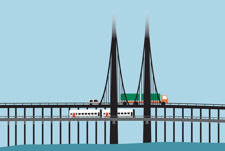 En broforbindelse alene for biler vil kun forkorte rejsen til to timer og et kvarter. Illustration Asmus Lauridsen