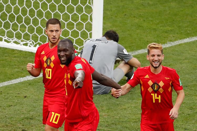 Eden Hazard, Romelu Lukaku opg Dries Mertens har fundet vejen til nettet 8 gange for Belgien.  Odd Andersen/Ritzau Scanpix