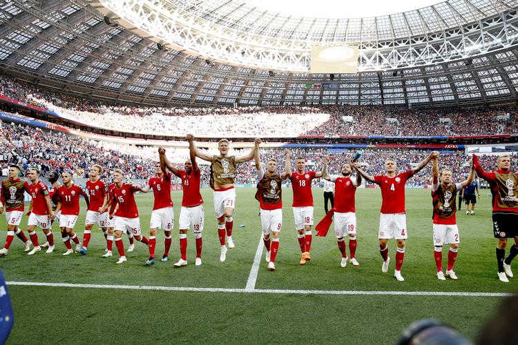 Landsholdet delte jublen over 0-0 med de op mod 5.000 danske tilskuere i Moskva.   Finn Frandsen/POLFOTO