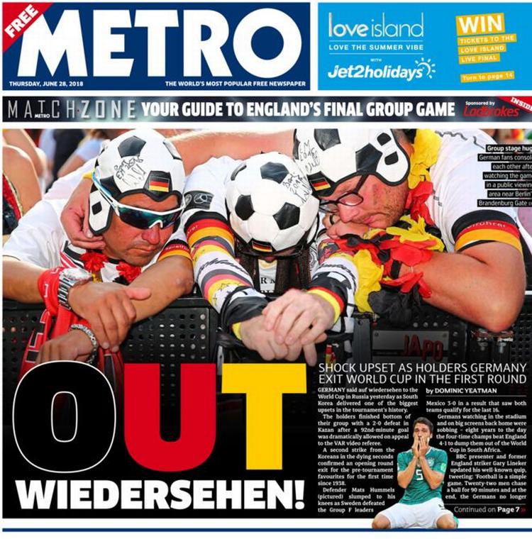 Den britiske gratisavis Metro giver den fuld skrue med tysker-bashing på dagens forside.  