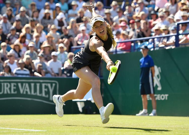 Efter sejre over italieneren Camila Giorgi og englænderen Johanna Konta er Caroline Wozniacki blandt de sidste otte i Eastbourne, hvor hun fem gange har været i semifinalen. Glyn Kirk/Ritzau Scanpix