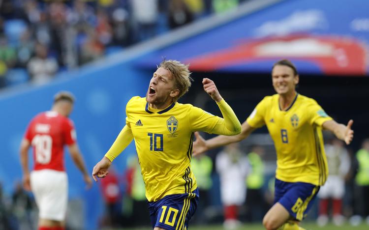  Emil Forsberg scorede sit 7. mål for Sverige i sin kamp nummer 40.  Efrem Lukatsky/AP