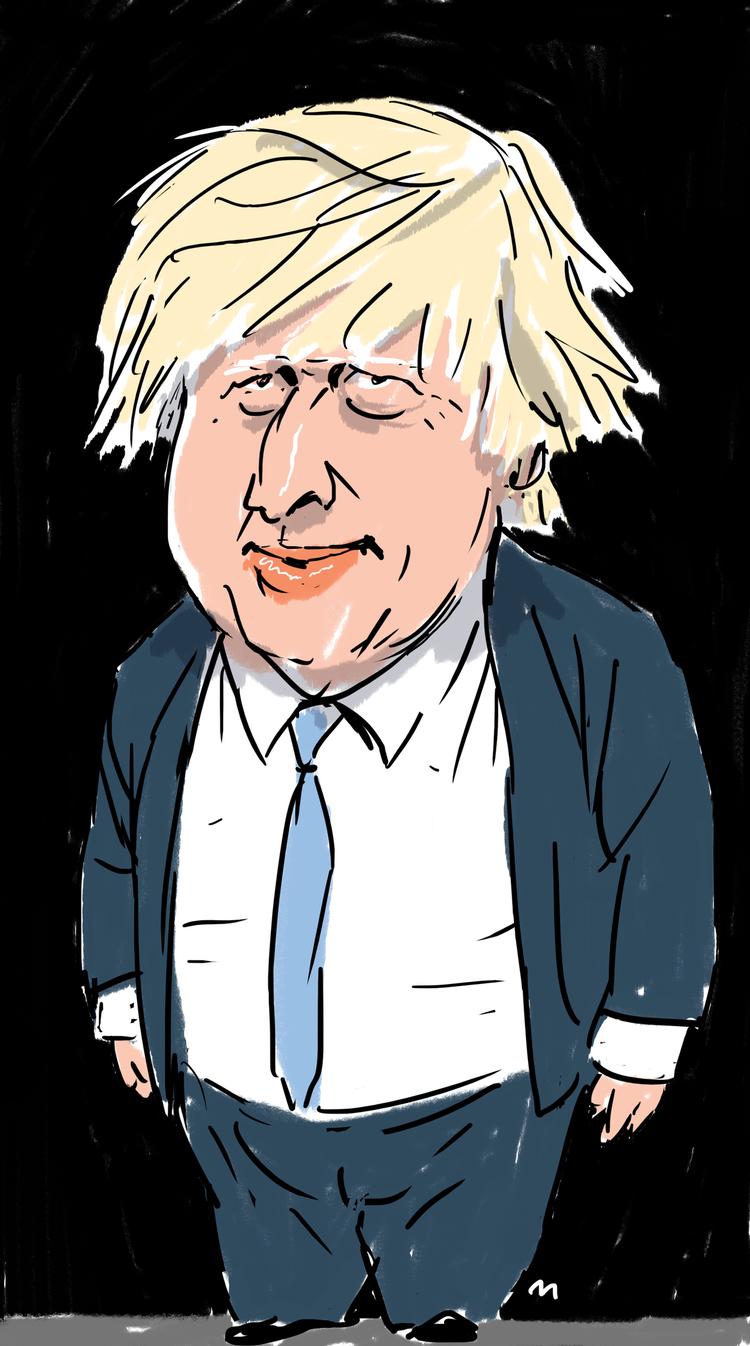 Portræt af Boris Johnson. Tegning Mette Dreyer