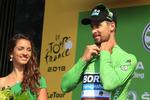Peter Sagan i den grønne førertrøje, som han har sikret sig retten til i dag at bære for 89. gang.
   Peter Dejong/AP