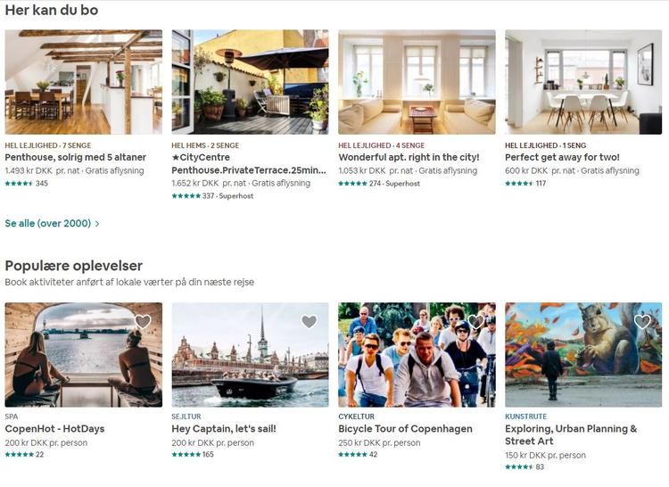 Sådan ser det ud, når man søger efter boliger på airbnb. Man får en pris pr. nat, men derefter kommer der rengøringsgebyr og andre ting oven i, og den går ikke, mener forbrugermyndighederne.  