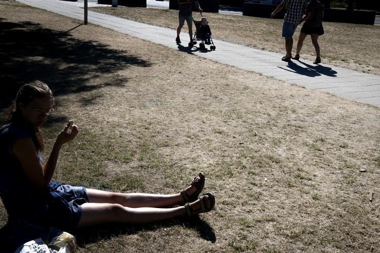 Efter adskillige ugers varme og tørke er Danmark svedet godt og grundigt af. Her er det i Aarhus, hvor alt græs efterhånden er visnet bort. Græsplæne foran musikhuset. Foto: Tanja Carstens Lund
   Lund Tanja Carstens/RITZAU/SCANPIX