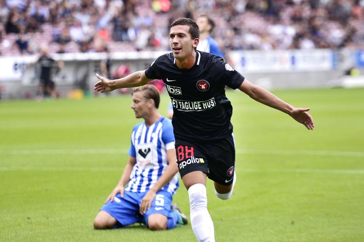 Gustav Wikheim scorede FC Midtjyllands første mål mod Esbjerg efter et kvarter. Bo Amstrup/Ritzau Scanpix