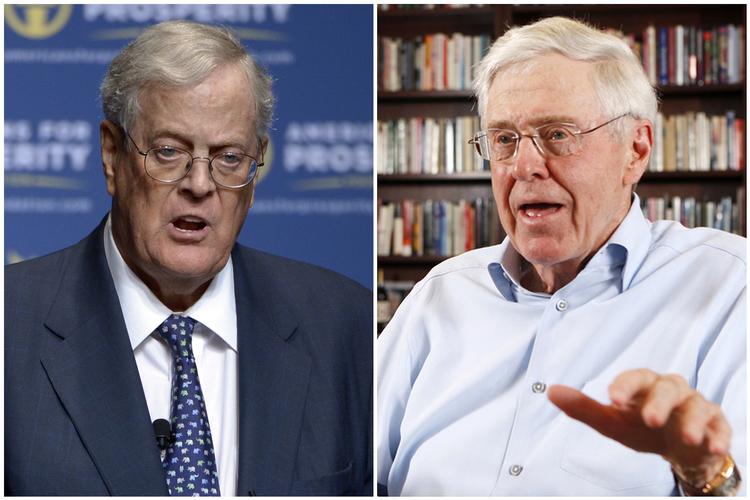 
   Charles og David Koch er blandt USAs rigest mænd o støtter normalt de republikanske og konserative kredse med store beløb. Nu er der ballade i 'familien'. Phelan M. Ebenhack, Bo Rader/AP