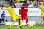 FCM-angriberen Paul Onuachu kæmpede for at komme frem til målchancer, men det var ikke en stor aften for den hovedstødsstærke spiller.
   Bo Amstrup/Ritzau Scanpix