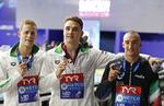 EM-medaljerne i 200 meter butterfly gik til ungarerne Tamas Kenderesi (sølv) og Kristof Milak (guld) samt italieneren Federico Burdisso (bronze). Darko Bandic/AP