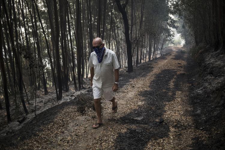 En mand med ved byen Monchique, som en naturbrand natten til i dag truede med at opsluge.  Javier Fergo/AP