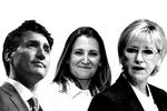 Tre af sagens hovedpersoner. Canadas premierminister Justin Trudeau og Canadas udenrigsminister Chrystia Freeland søger hjælp fra  den svenske udenrigsminister Margot Wallström i striden med Saudi- Arabien.   Originalfotos: AP 