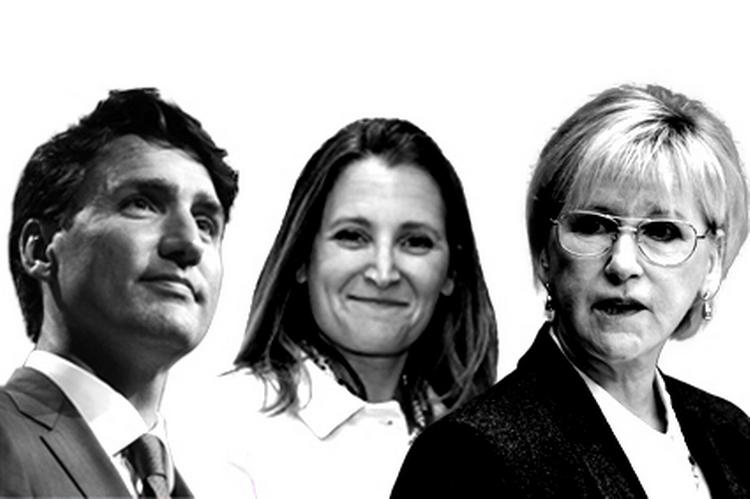 Tre af sagens hovedpersoner. Canadas premierminister Justin Trudeau og Canadas udenrigsminister Chrystia Freeland søger hjælp fra  den svenske udenrigsminister Margot Wallström i striden med Saudi- Arabien.   Originalfotos: AP 