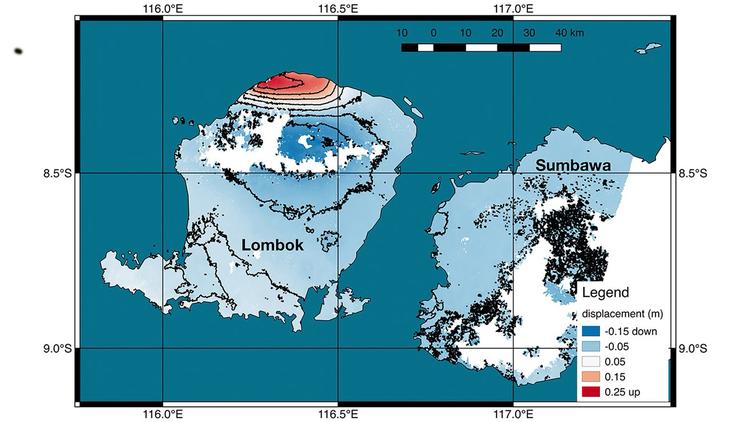 Nasa har fremstillet denne grafik, der viser, hvordan Lombok har ændret sig efter jordskælvet.  /AP