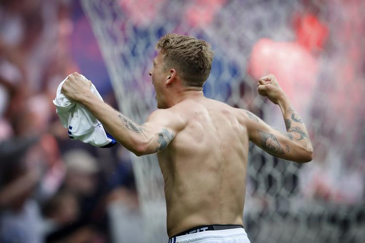 Nicolaj Thomsen havde en dejlig søndag aften i Parken, hvor hans FCK-hold besejrede ærkerivalen Brøndby 3-1. Jens Dresling/POLFOTO