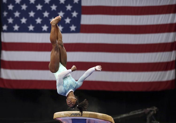 Simone Biles under søndagens finale Elise Amendola/AP