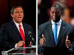Modpoler.  Republikaneren Ron  DeSantis (til venstre) bliver kaldt Donald Trumps ’Mini-Me’. Demokraten Andrew Gillum (til højre) er på mange måder  præsidentens modpol. Deres valgkamp bliver et politisk nøgleopgør.  Paul Sancya & John Raoux/AP