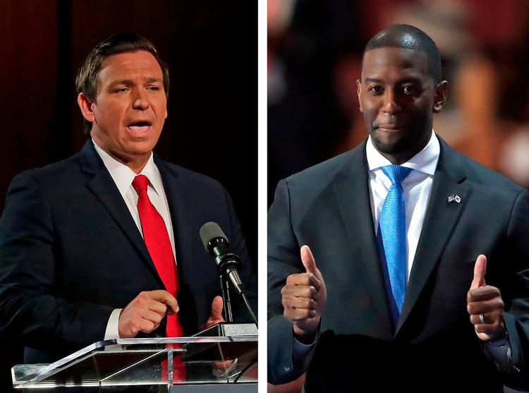 Modpoler.  Republikaneren Ron  DeSantis (til venstre) bliver kaldt Donald Trumps ’Mini-Me’. Demokraten Andrew Gillum (til højre) er på mange måder  præsidentens modpol. Deres valgkamp bliver et politisk nøgleopgør.  Paul Sancya & John Raoux/AP