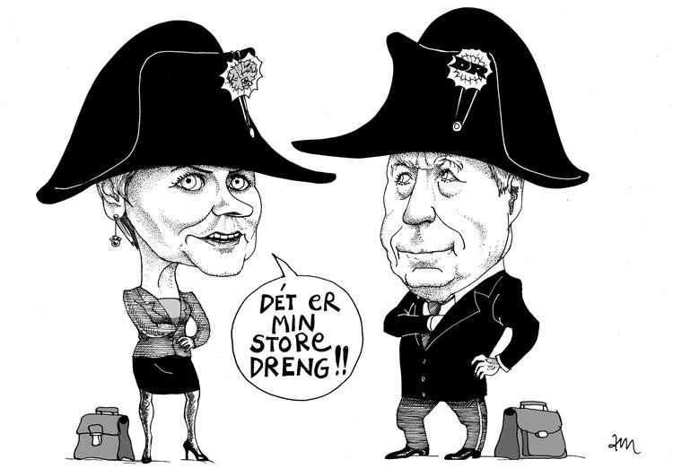 Kulturminister Mette Bock (LA) har givet Michael Christiansen en sidste opgave, før han forlader DR: At effektuere de store besparelser, der skal gennemføres i DR, sammen med sin bestyrelse. Tegning Anne-Marie Steen Petersen (arkiv)