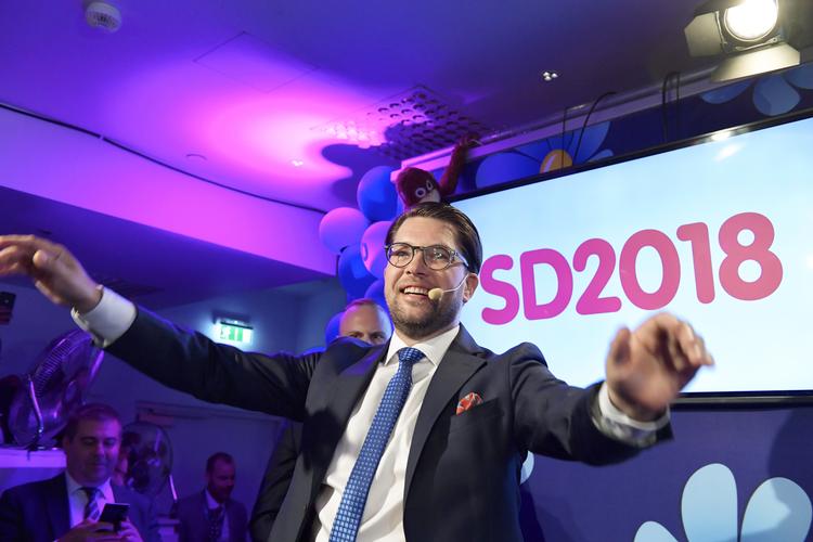Sverigedemokraternes leder Jimmie Åkesson under valgaftenen søndag 9. september. Anders Wiklund/AP